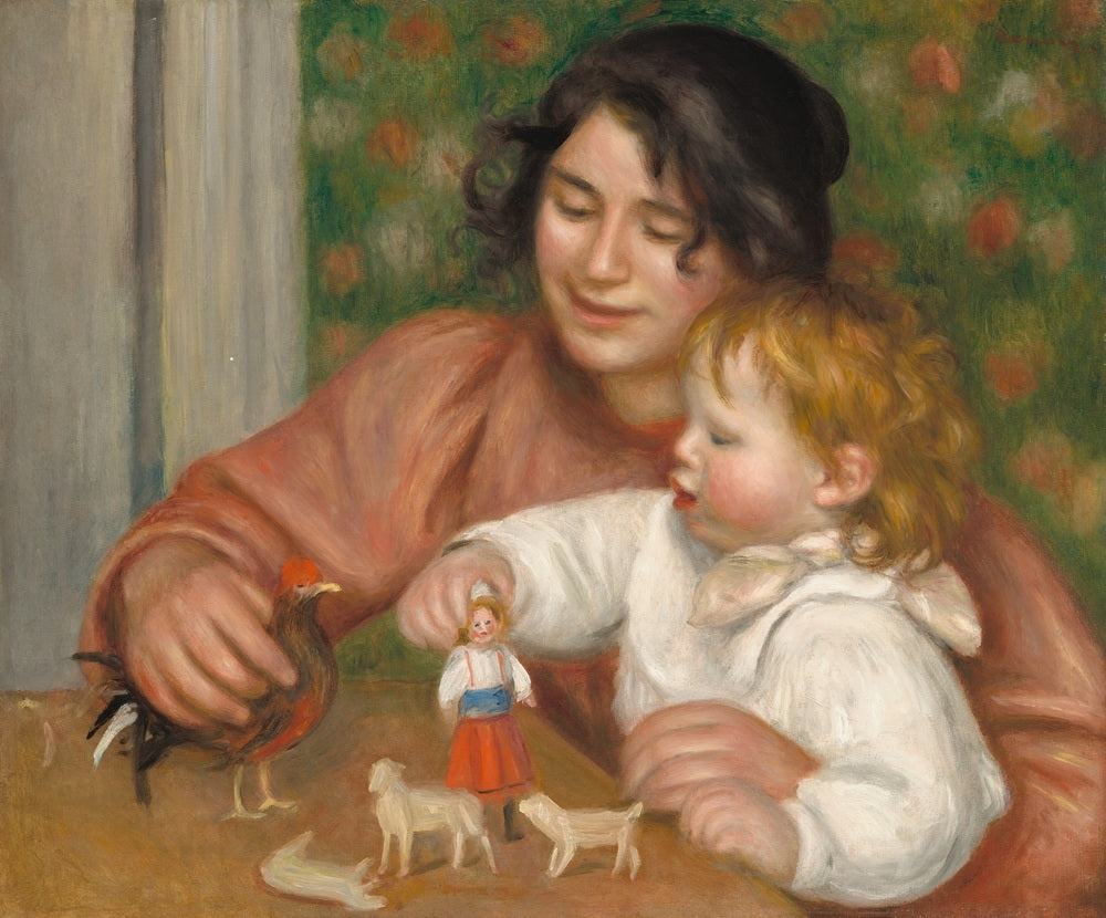 Child with Toys by Pierre-Auguste Renoir showing a woman and young child playing with small toys in a warm, intimate indoor scene