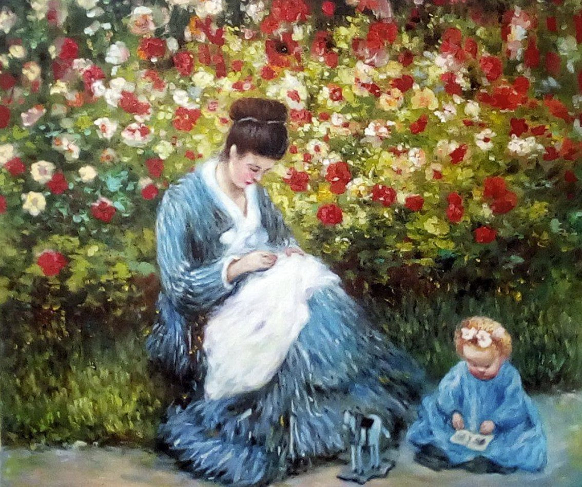 Camille Monet and Child by Claude Monet, showing Monet’s wife Camille seated in a sunlit garden in Argenteuil with their young son Jean, painted with soft Impressionist brushstrokes and vibrant floral colors.