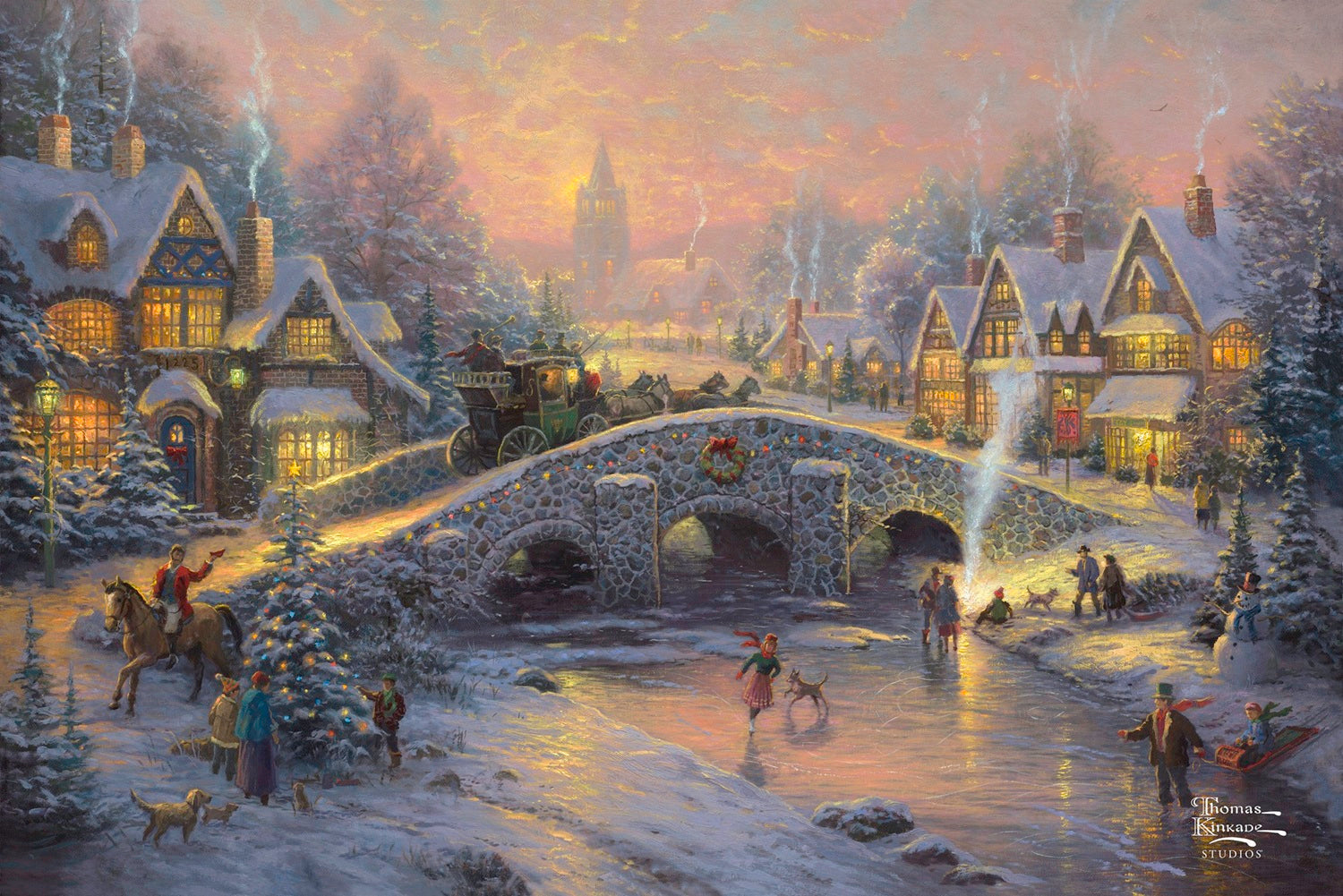 Thomas Kinkade’s The Spirit of Christmas shows a snow-covered village at dusk, with glowing homes and ice skaters on a frozen stream, evoking warmth, tradition, and timeless holiday charm.